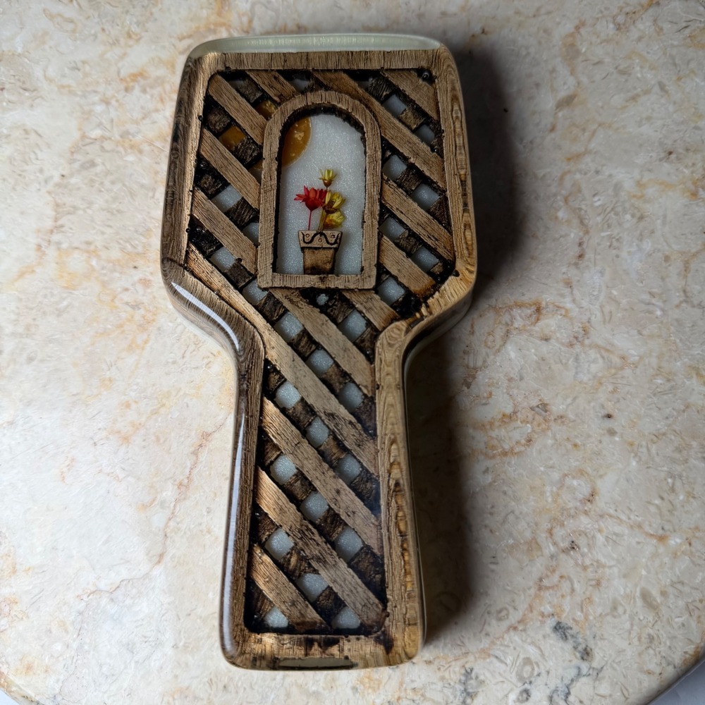 Vintage Handmade Resin Wood Lattice Paddle 6.5" Brown Floral Folk Art